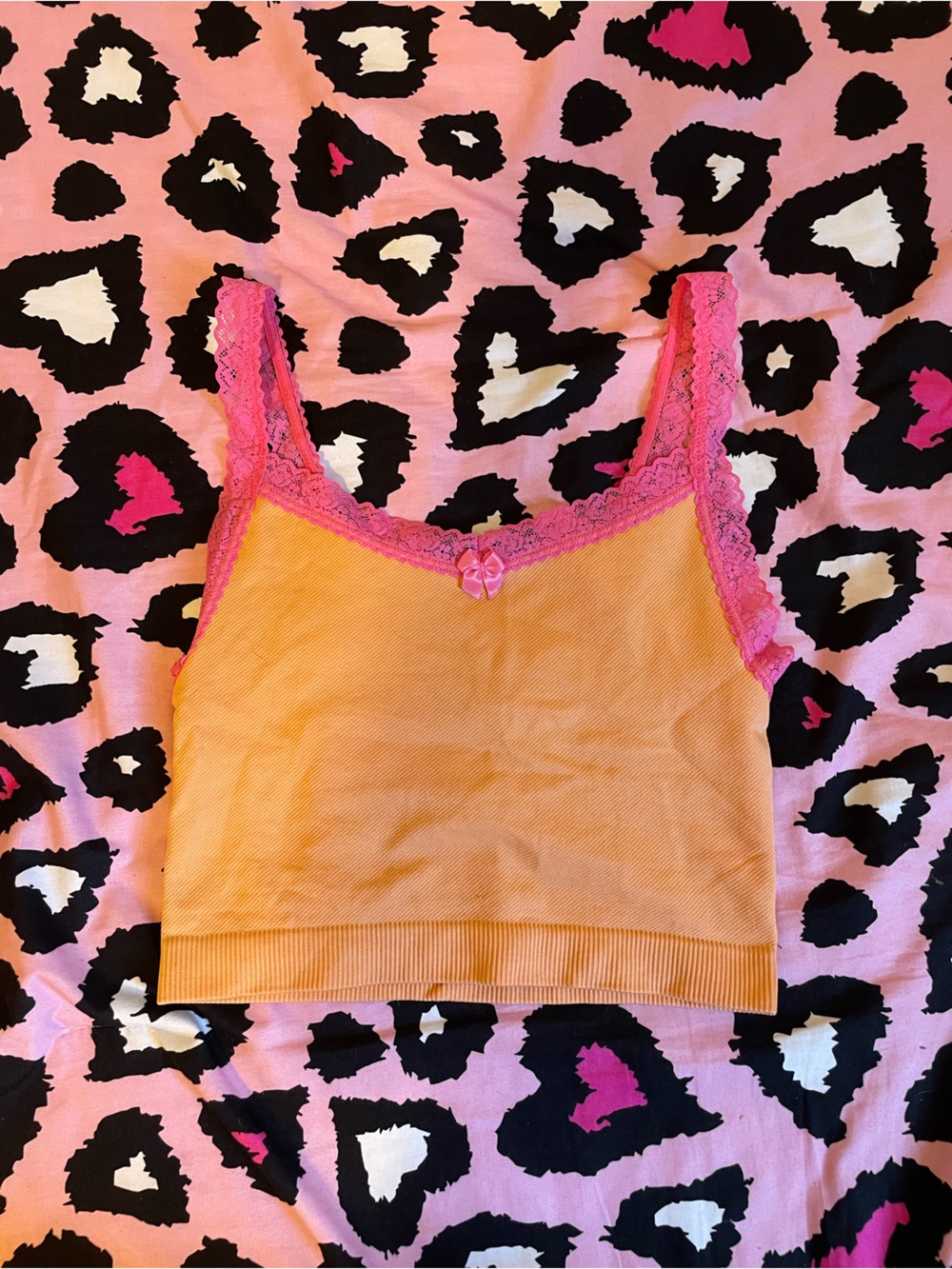 Pink Trim Orange Cropped Ribbed Tank Top - Unbranded